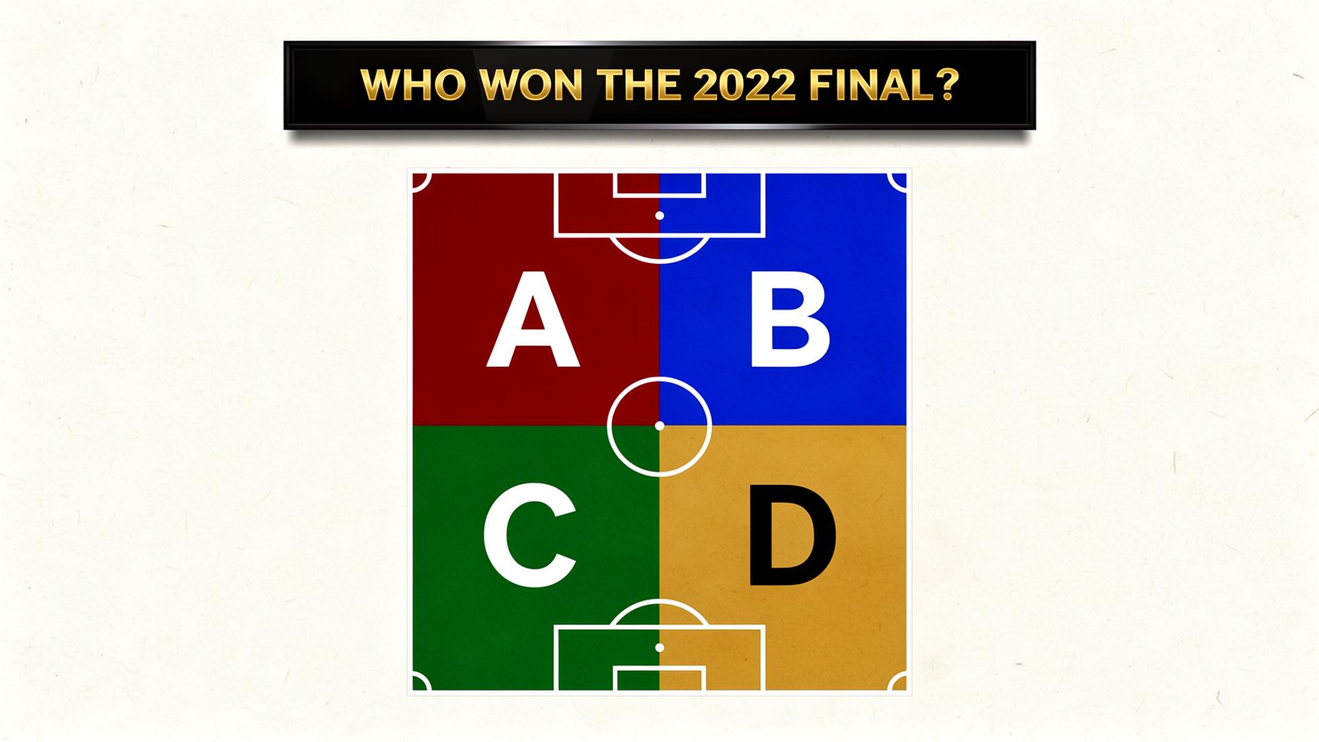 Overhead view of a football pitch split into four colored quadrants with answer letters A B C D and a scoreboard posing a trivia question